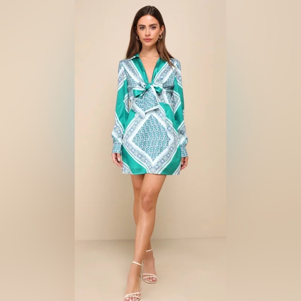 Lulu’s Traveling Spirit Green Satin Scarf Print Tie-Front Mini Dress Size XL New